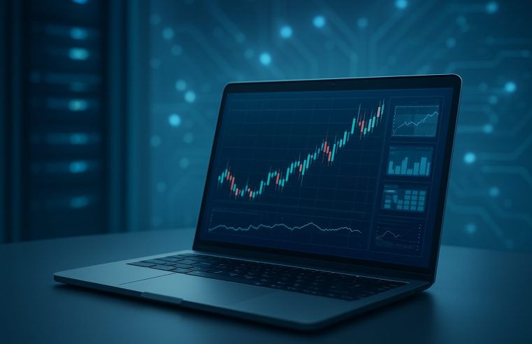 Close-up of a laptop displaying stock market graphs and data analytics on a blue-toned background.