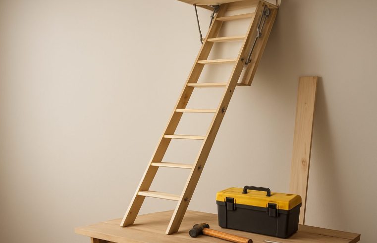 Wooden loft ladder extending into attic space with a toolbox nearby